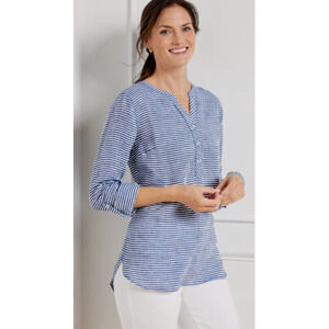 Talbots Linen Top Large Petite Blue Striped Nautical Roll Tab Sleeve Resort